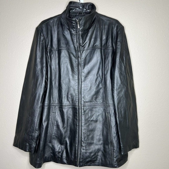 Nine West Plus Women's Black 100% Leather Long Sleeve Full-Zip Lined Jacket 2X